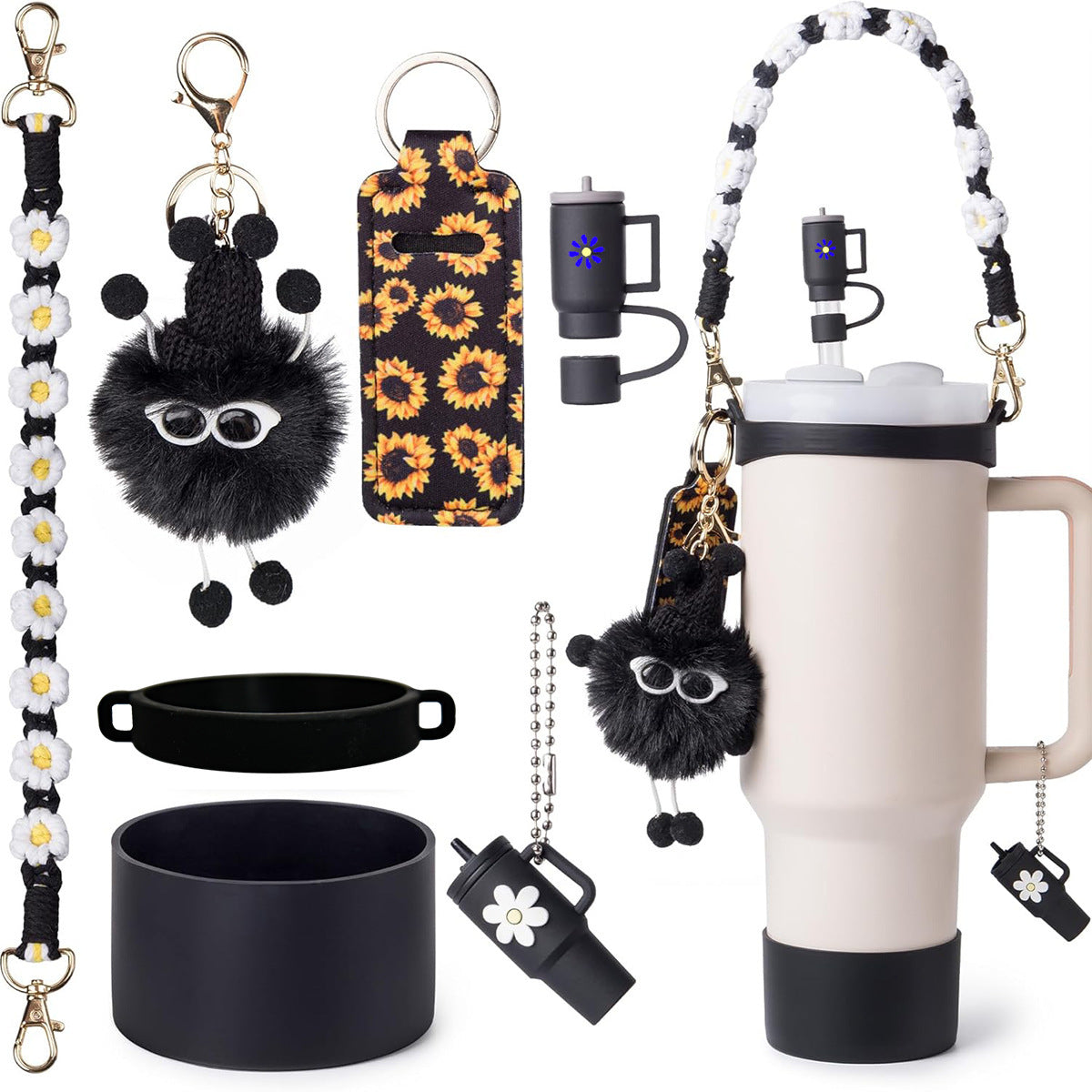 Wholesale Cartoon fur ball hanging chain lipstick set silicone cup set seven-piece set